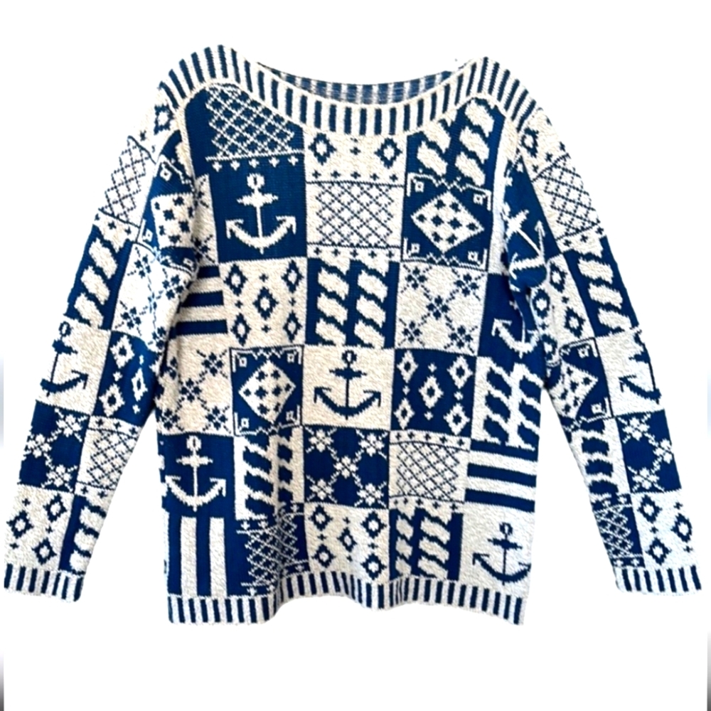 Vintage JONES NEW YORK COUNTRY Nautical Sweater. Navy, Cream. Size Medium